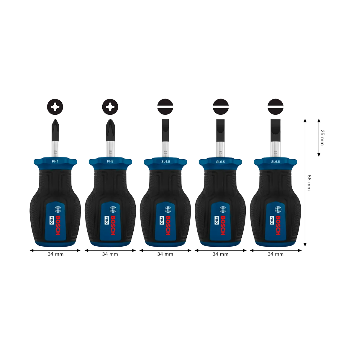 BOSCH 1600A03HU6 PRO Stubby Screwdriver PH/SL 5PCS 1600A03HU7 PRO Stubby Screwdriver PZ/SL 5PCS Hand Tools