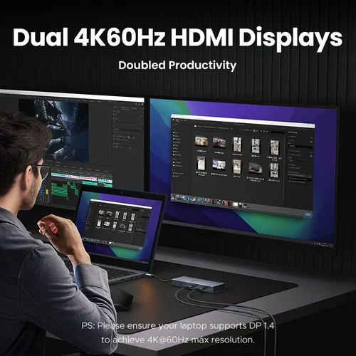 Imagen 2 del producto UGREEN USB-C HUB Dual HDMI 7 en 1 tipo C a 4K60Hz 2HDMI 10Gbps puertos USB-A y C PD100W para MacBook portátil USB divisor acoplamiento