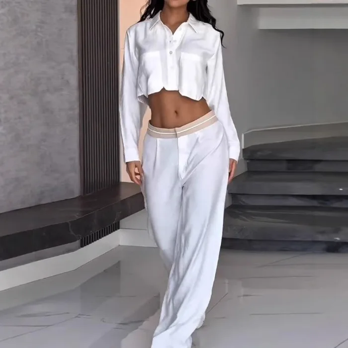 여성 캐주얼 긴팔 루즈핏 투피스 의상 여름 2025 우아한 라펠 버튼 셔츠 & 롱 팬츠 수트 컬러 블록 포켓 세트