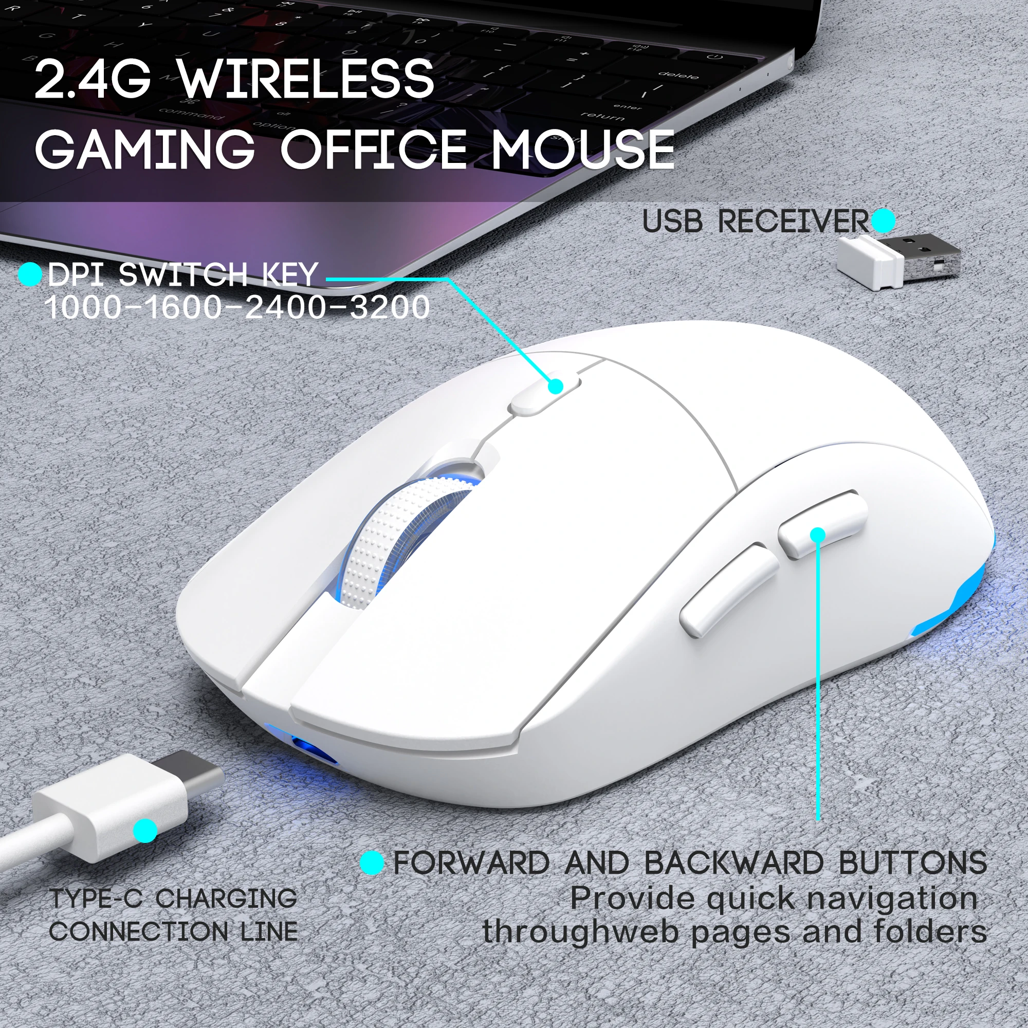 Wireless 2.4G Gaming Mouse with RGB Lighting Rechargeable Computer Gaming Mouse Ergonomic Design