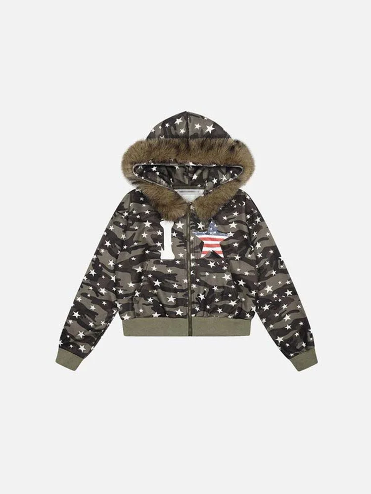 Inverno quente camuflagem estrela impressão hoodie feminino pele do falso zipup moletom moda oversized streetwear jaqueta com capuz 2026 novo