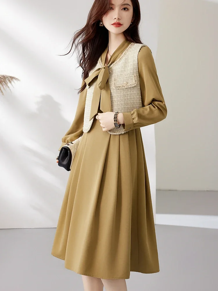 

Vimly Elegant Vintage Two Piece Dress Sets for Women 2025 Autumn Winter Bow Neck Long Sleeve Pleated Midi Dress Tweed Vest M2802