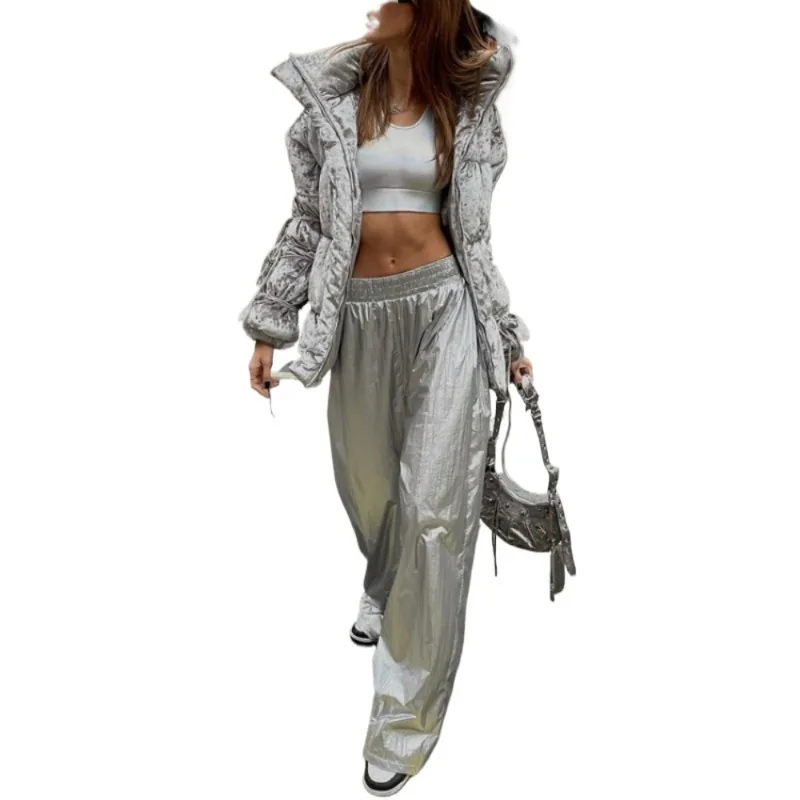 

PU Silver Women Pants Autumn Winter High Waist Casual Loose Wide Leg Pant Femme Party Club Fashion Streetwear Woman