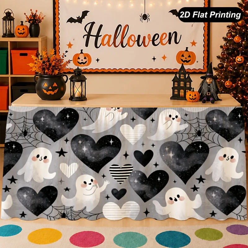 One 2D flat Halloween tablecloth - Grey ghost heart tablecloth - Perfect for decorating the family kitchenzyc