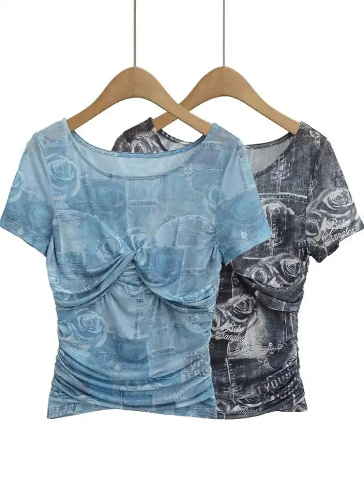 เสื้อยืดเซ็กซี่รัดรูปสไตล์อเมริกัน ลายมัดย้อมแบบย้อนยุค ผ้าสองชั้น จับจีบเอวผูกโบว์  สำหรับฤดูร้อน สไตล์สตรีทแฟชั่น