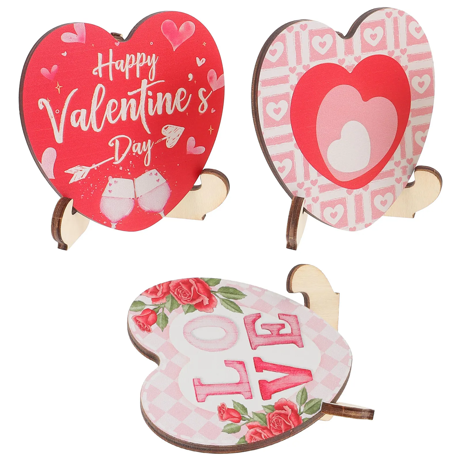

1 set Heart Shaped Wooden Signs for Valentine Decorations Home Wedding Tabletop Block Pink Wood Craft Party Photo Props
