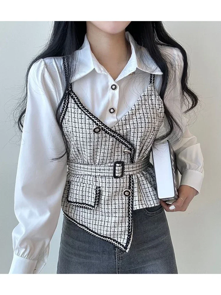 Women Spring Shirt Korean Minority Retro Lapel Splicing Fake Two-piece Lace-up Waist Contrast Long-sleeved Shirt Top D3172