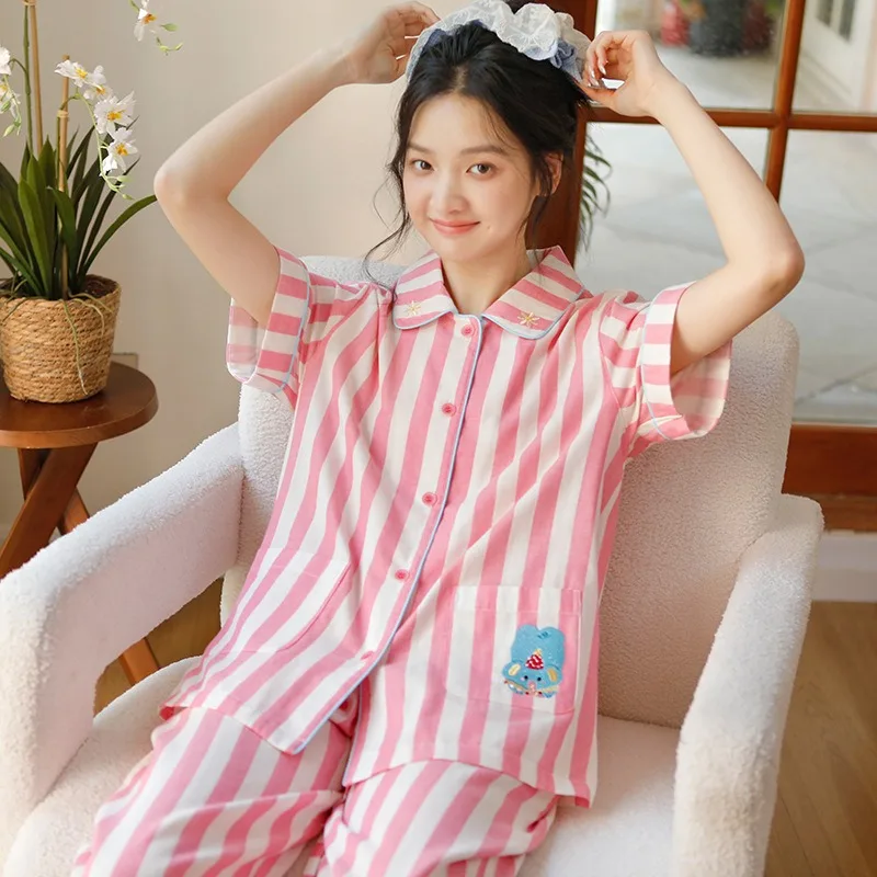 

Women's Summer Striped Pajamas Set Pure Cotton Gauze Short-Sleeve Top and Trousers 2PCS Breathable Sleepwear