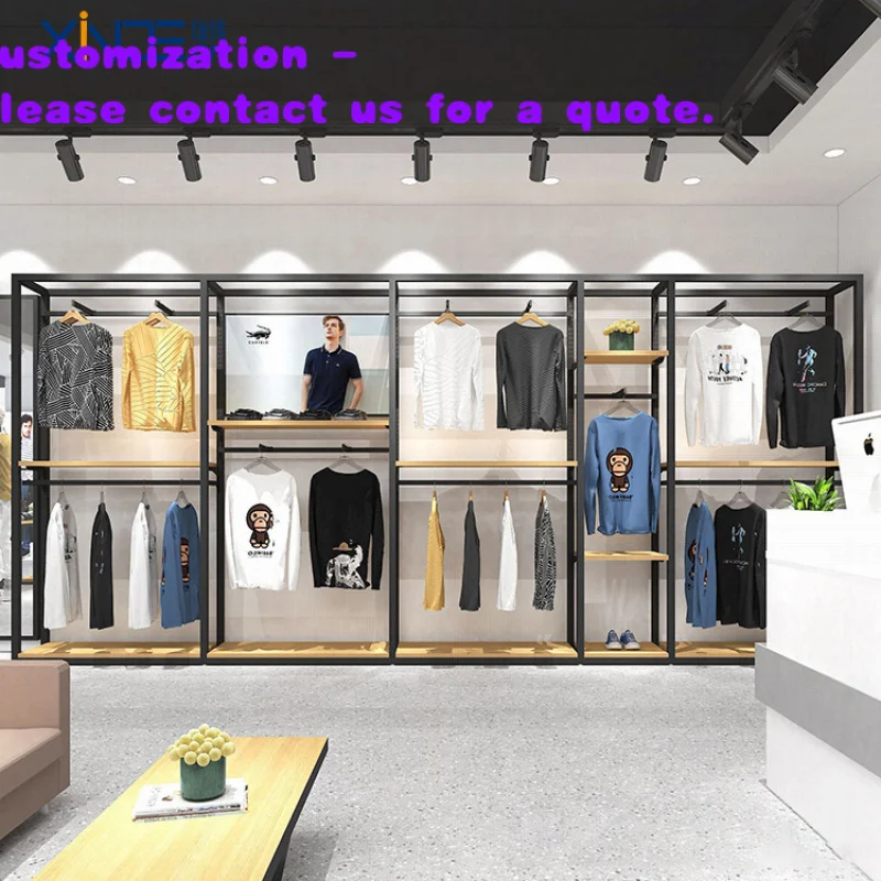 custom.XINDE Double-Sided Supermarket Rack Light Duty Clothing Display Stand Metallic Iron and Wood Wire Shelving