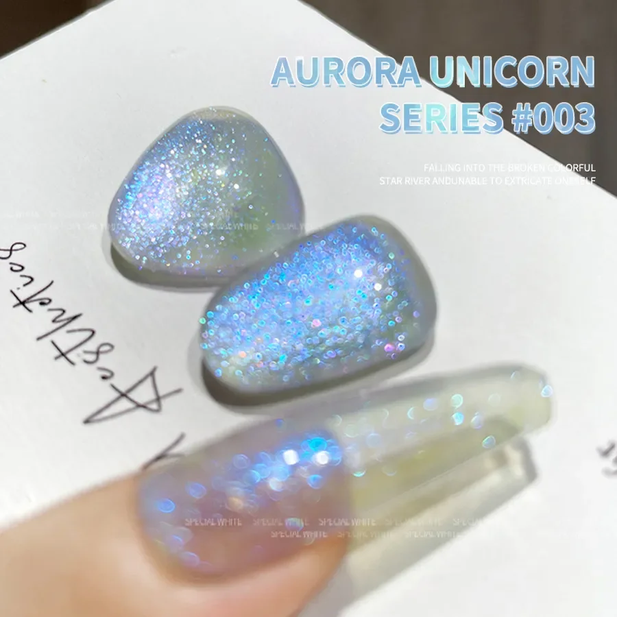 Auroraユニコーンネイルパウダー,白いビーズ,超軽量,キラキラ,6個,15ml