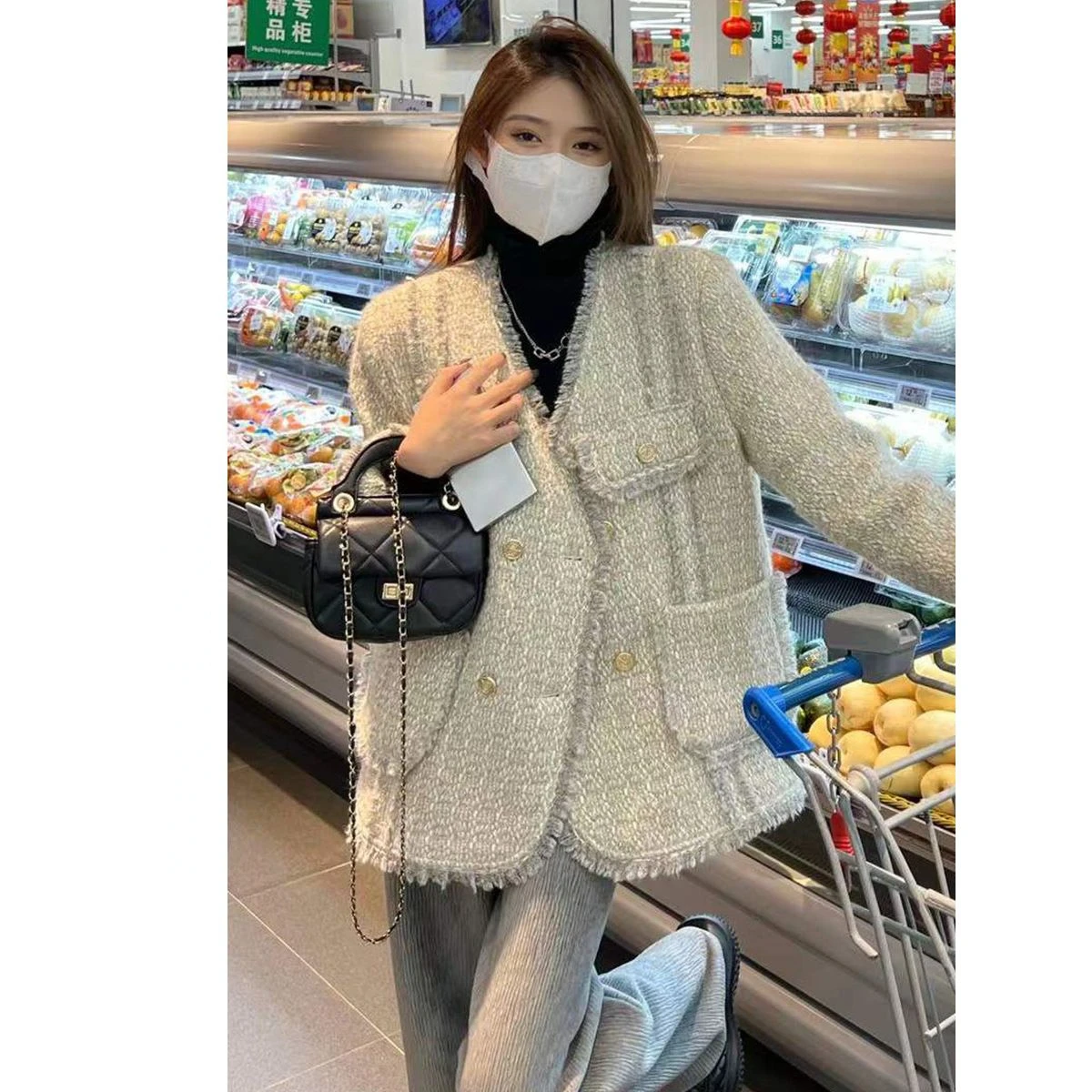 

2023 New Fashion Korean Chic Vintage Tweed Woolen Jacket Coat Women Autumn Single Breasted Tassel Office Lady Outwear Q23