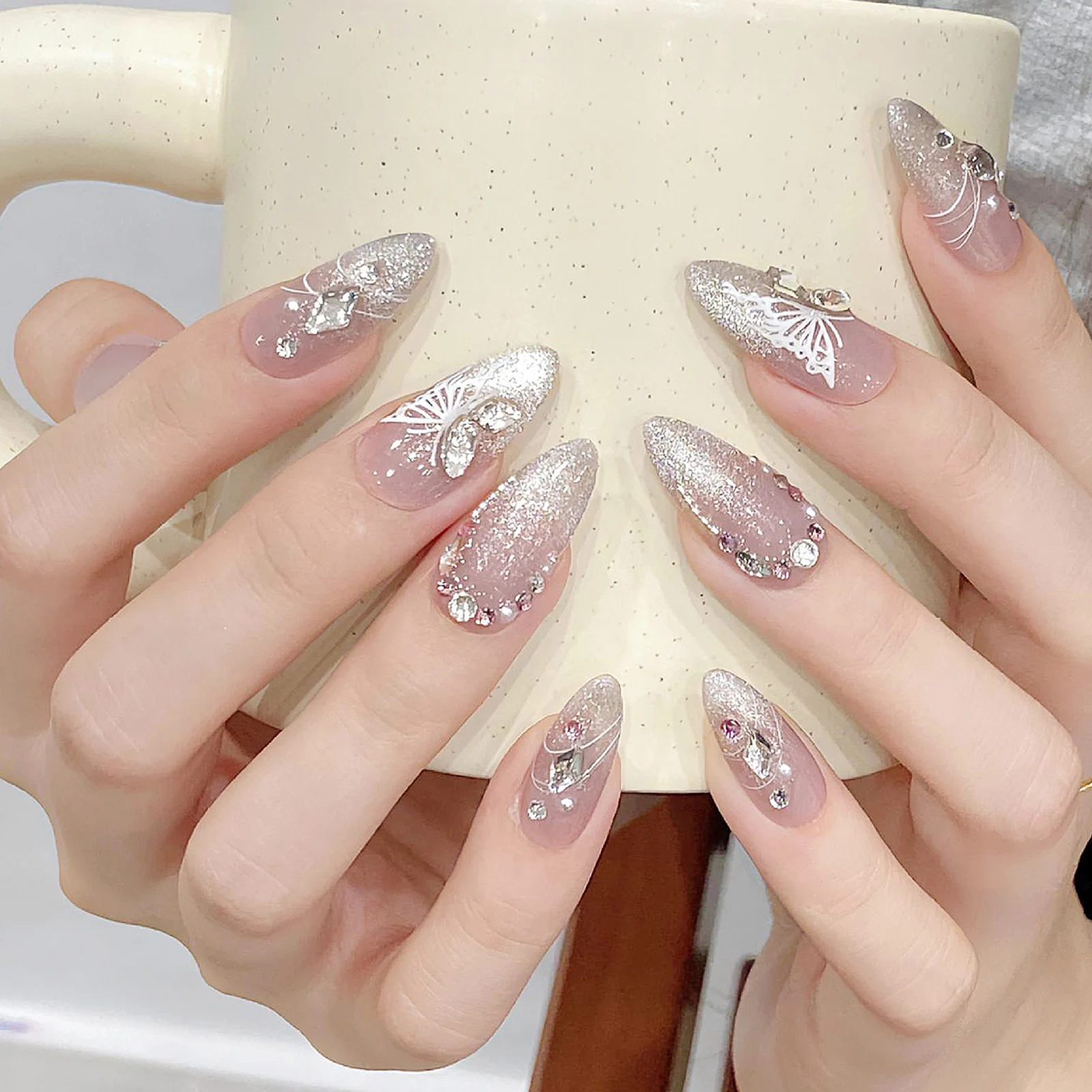 Handmade Press on Nails French Pink Cat Eye Fake Nails with Glitter Love Crystal Design Almond False Nails for Women Wearable