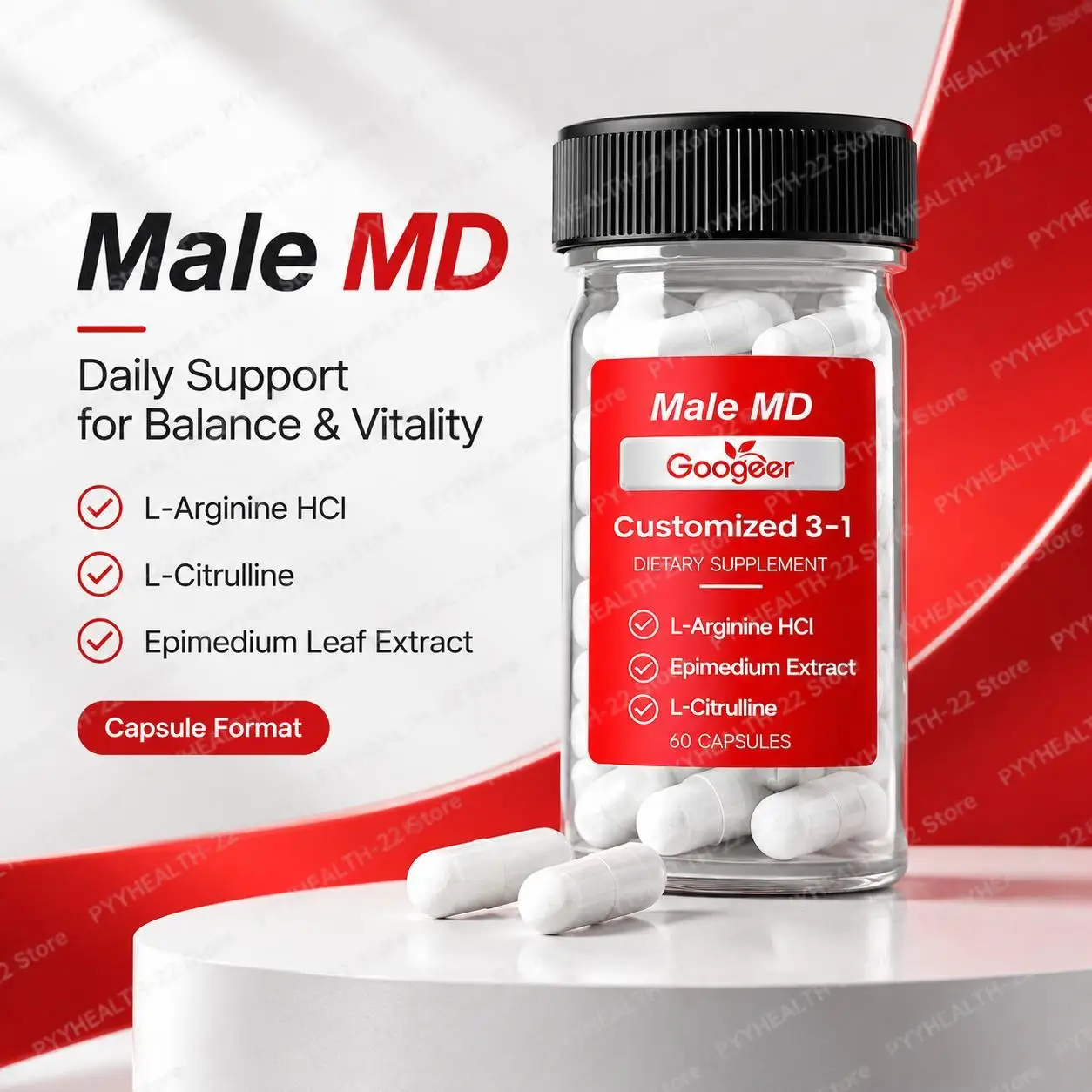 Male MD 3-in-1 Vitality with L-Arginine HCl, L-Citrulline & Epimedium Extract, Supports Circulation, Endurance, 60 Capsules