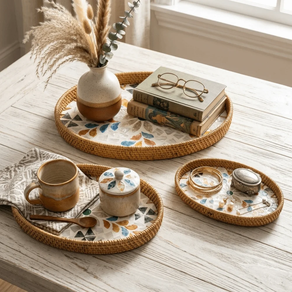 3Pcs Plant Fiber Serving Tray Woven Texture Breathable Structure Decorative Snack Tray Sturdy Flat Tray Storage Tray Home Decor