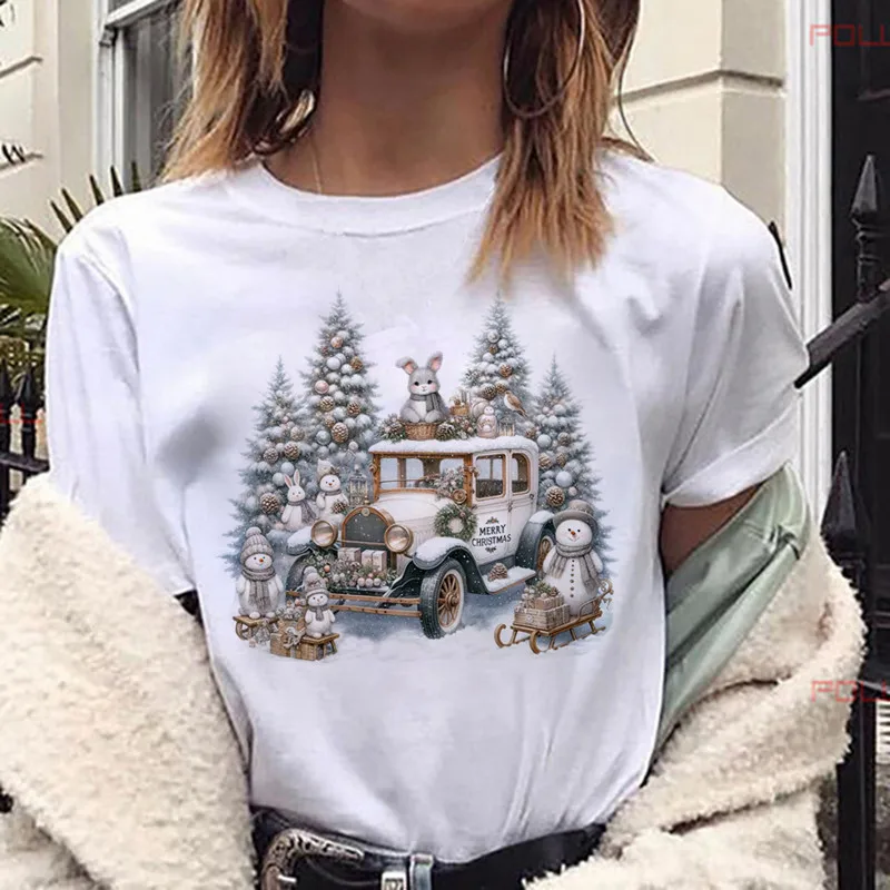 

2024, милая женская одежда с рождественским кроликом и снеговиком, футболки Y2k, белые повседневные футболки с рисунком