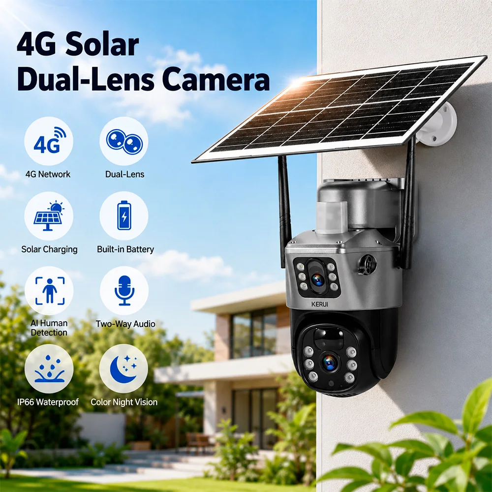 KERUI PTZ Solar Camera Outdoor 4MP 2K 4G SIM Solar Panel Dual Lens Camera Built-in Battery Home Security CCTV Video Surveillance