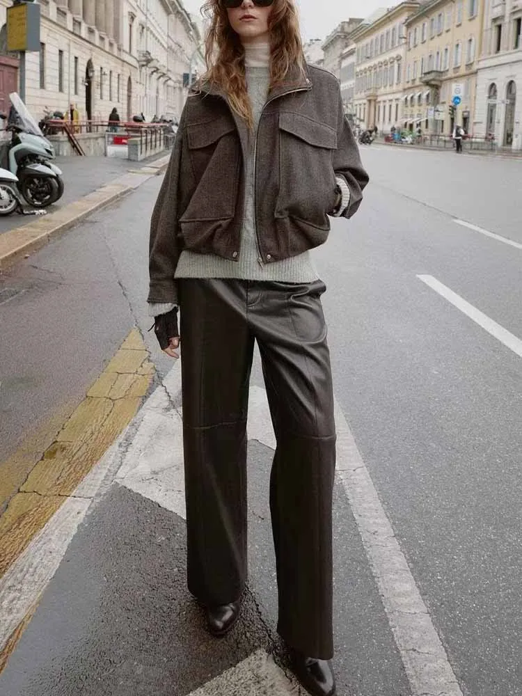 

Новое поступление в европейском и американском стиле, модная и простая женская куртка-бомбер с воротником-стойкой и узором «елочка»