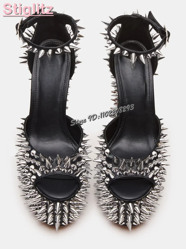 Sexy Spikes Square Heel Sandals Black Peep Toe Shallow Rivet Buckle Strap High Heels 2026 Summer New Women Fashion Party Shoes - view 3