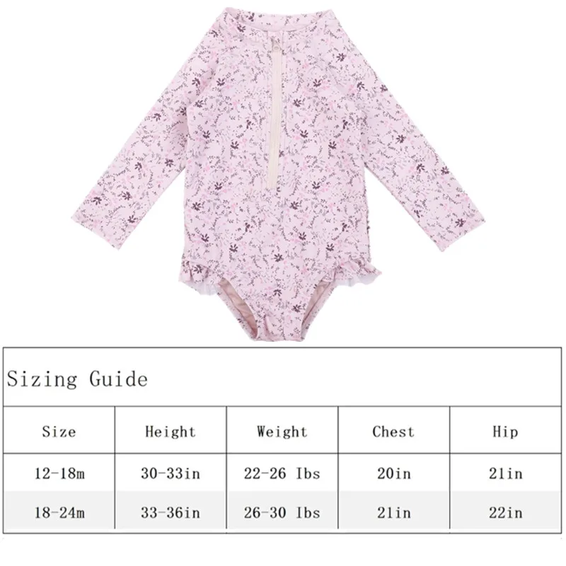 Fato de banho floral com zíper feminino, manga comprida, roupa de banho para bebê, proteção UV, roupa de banho única, fofa, verão, 1-2 anos