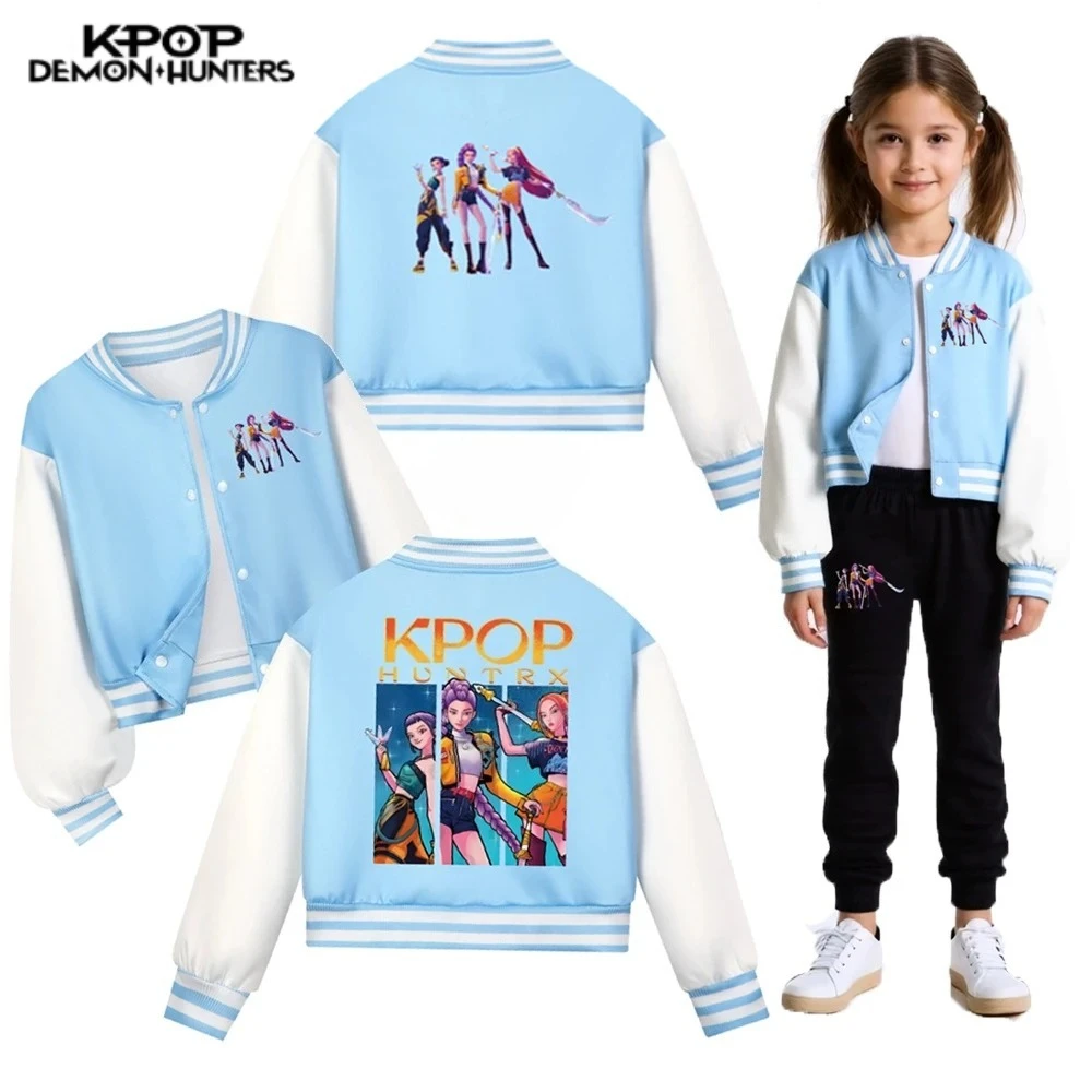 

Kids KPop Demon Hunters Printed Baseball Uniform Spring Long Sleeve Sportswear KPop Huntrx Rumi Mira Anime Boy Girls Jacket Coat