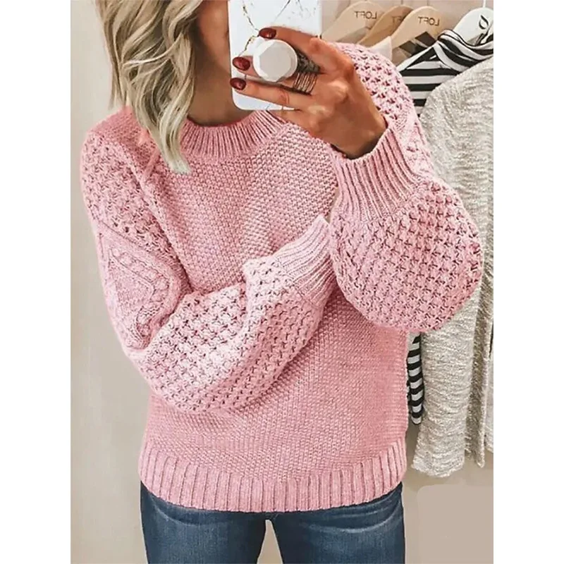 

Casual Solid Color Sweater For Women Loose Round Neck Long Sleeve Splicing Knitted Pullover Autumn Winter Fashion Warm Top