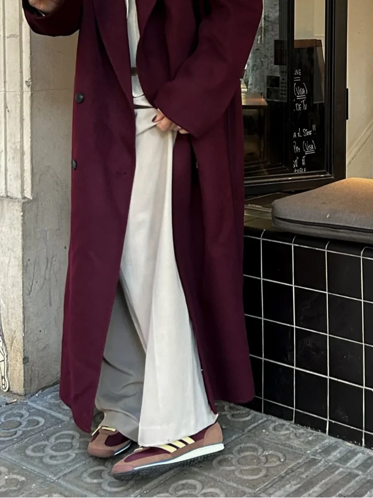 2024 Fashion Burgundy Red Double Breasted Oversized Overcoat Women Casual Lapel Pockets Long Sleeve Coats Female High Streetwear