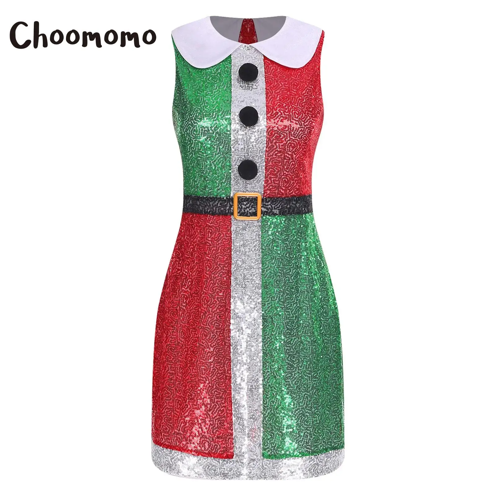 

Adults Womens Santa Clause Elf Christmas Fancy Dress New Year Xmas Costume Sparkling Sequins for Festival Holiday Themed Party