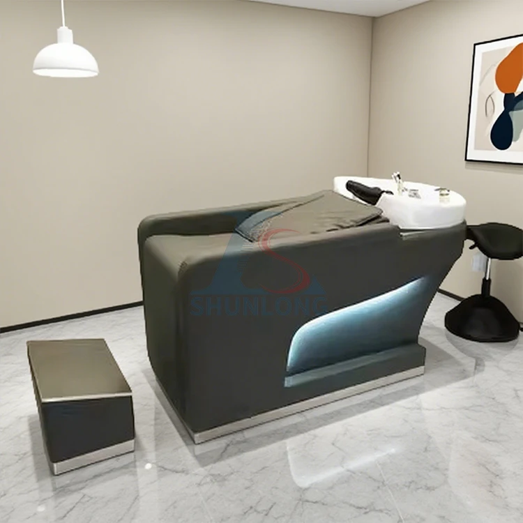 High-End Semi-Reclining Shampoo Bed For Barber Shop Salon Modern Stainless Steel Ceramic Deep Basin Metal Massage Rinse Bed