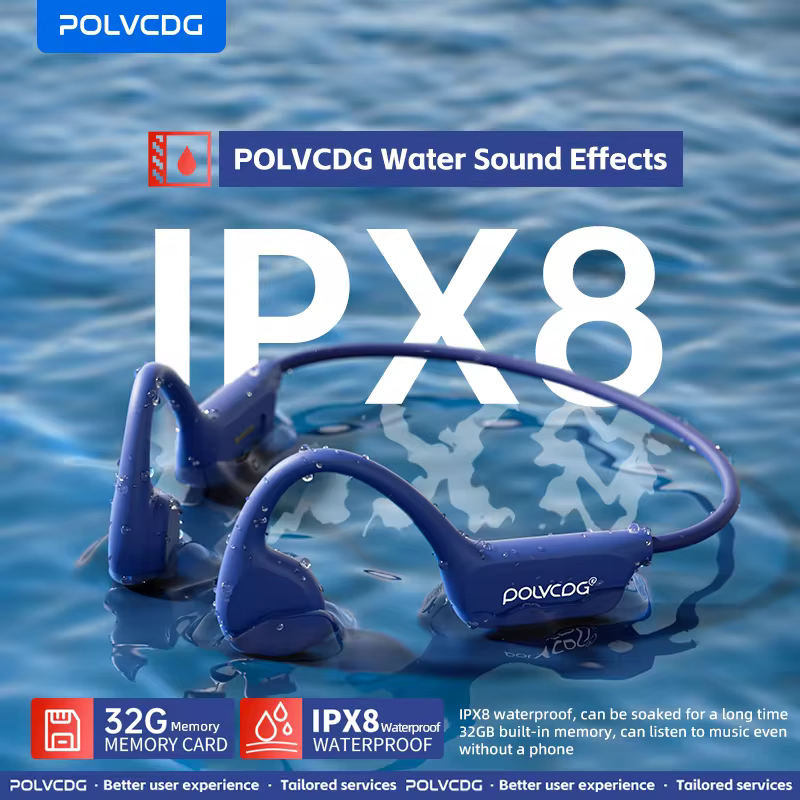 אוזניות הולכת עצם POLVCDG X7, אוזניות פתוחות IPX8, בלוטות' 5.3, לשחייה עם מיקרופון, עמידות למים, זיכרון 32GB, MP3, חדש לשנת 2024
