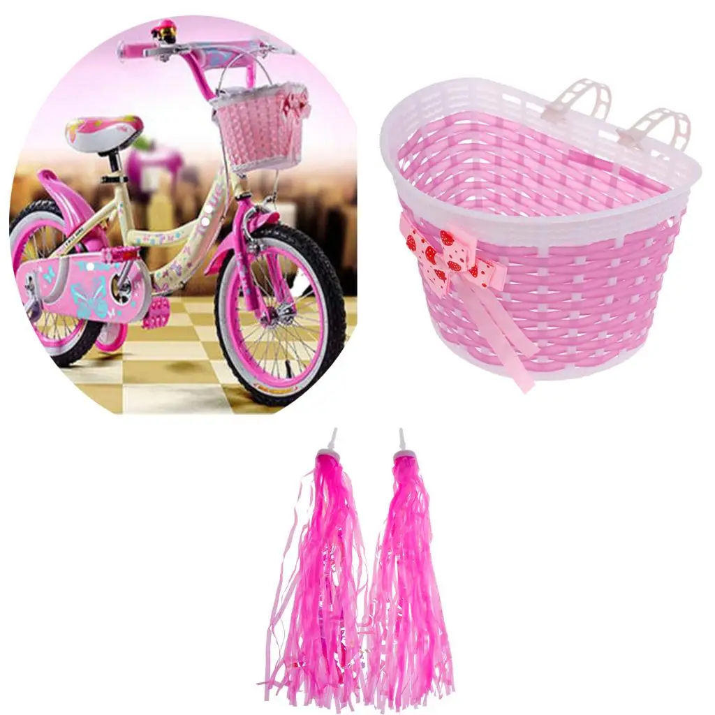 Girls Children Bike Streamers Handlebar Tassels & Front Basket Pink