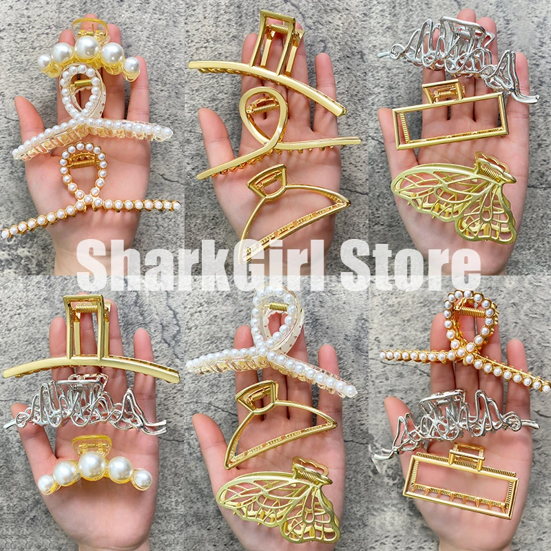 Pearl Hair Claw Set Clip for Women Gold Color Hairpins Metal Hair Accessories Geometric Hollow Pincer Barrette Crystal Clip Big