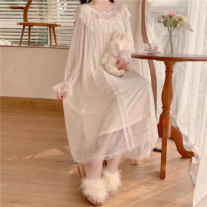 White Lace Patchwork Autumn Night Dress Women O-Neck Ruffles Long Sleepwear Loose Casual Mesh Nightgown Bow Soft Homewear