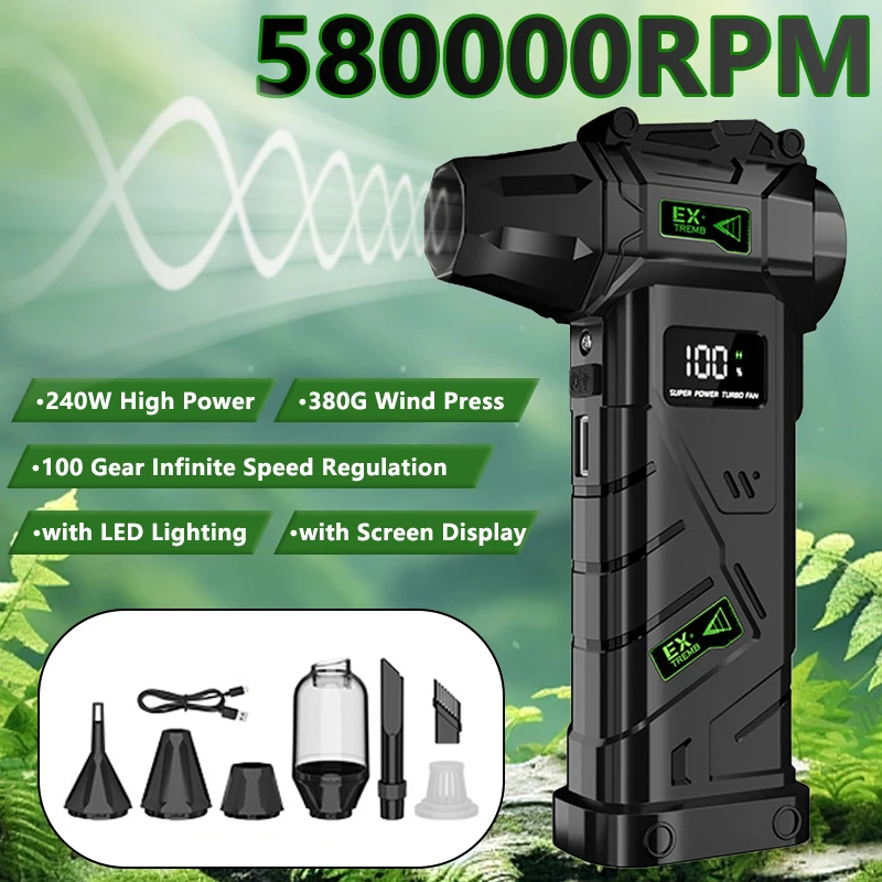 

Powerful Air Blower 580000RPM Turbo Violent Fan 60m/s Cordless Blower with Vacuum Kit 380g Thrust Mini Jet Fan with LED Lighting