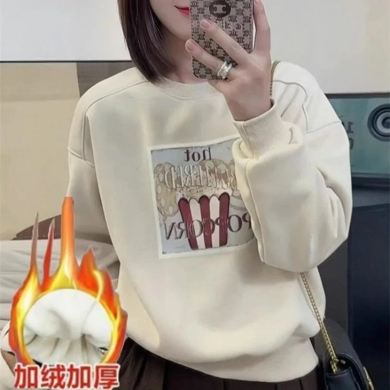 Herbst Winter Samt Verdickt Rundhals Sweatshirt für Frauen 2025, Neue Stil Einfache Gedruckt Lose Warme Top