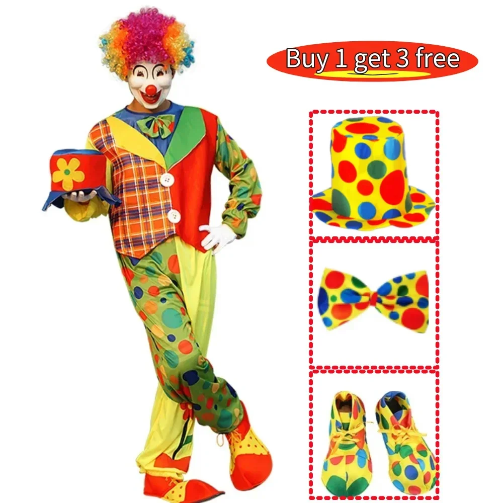 Adult Jumpsuit Circus Clown Cosplay Costume Stage Performance Suit Carnival Party Clown Clothing 3Pcs Set