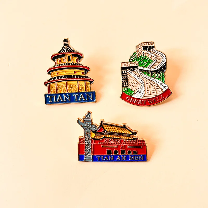 China Famous Landmark Enamel Brooch Pin Tian An Men Great Wall Tian Tan Badge Lapel Backpack Decoration Jewelry for Friends