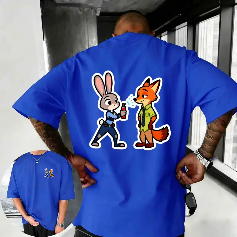 2025-26 الصيف ديزني Zootopia الكرتون الهيب هوب نمط 100% القطن تي شيرت مطبوع جديد الرسوم المتحركة موضة الرياضة تي شيرت رجالي