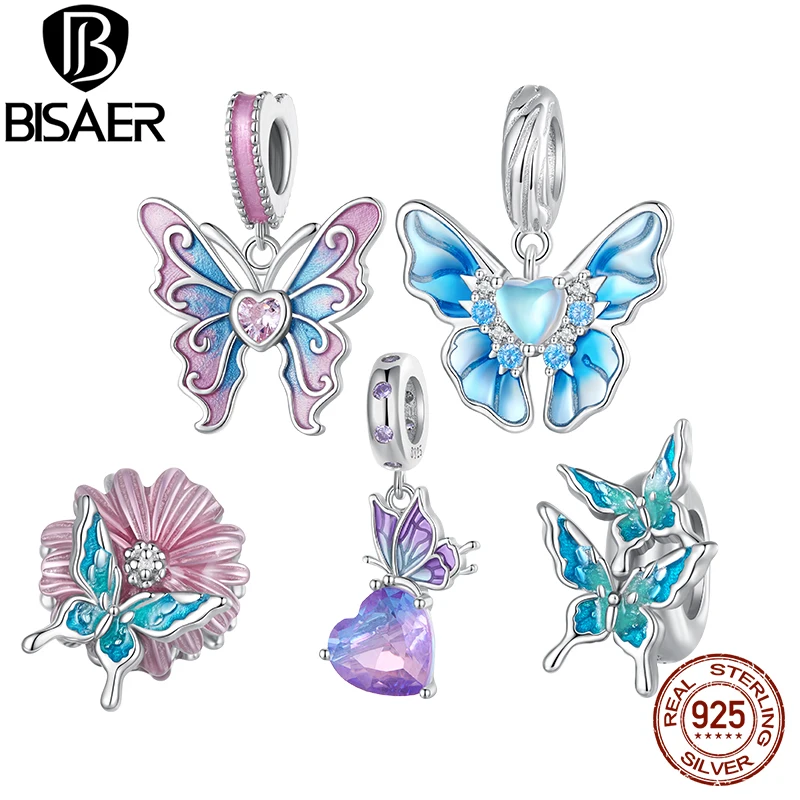 BISAER 925 Sterling Silver Butterfly Fairy Charm Bead Pink Gradient Enamel Pendant Fit Girl Birthday Gift DIY Bracelet Jewelry