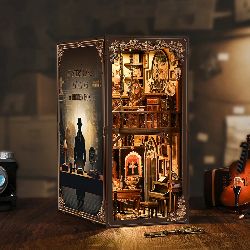 Kit de modelo en miniatura de madera para rincón de libros, caja oscura, estuche misterioso, sujetalibros, rompecabezas 3D con estantería ligera para amigos, regalo de cumpleaños