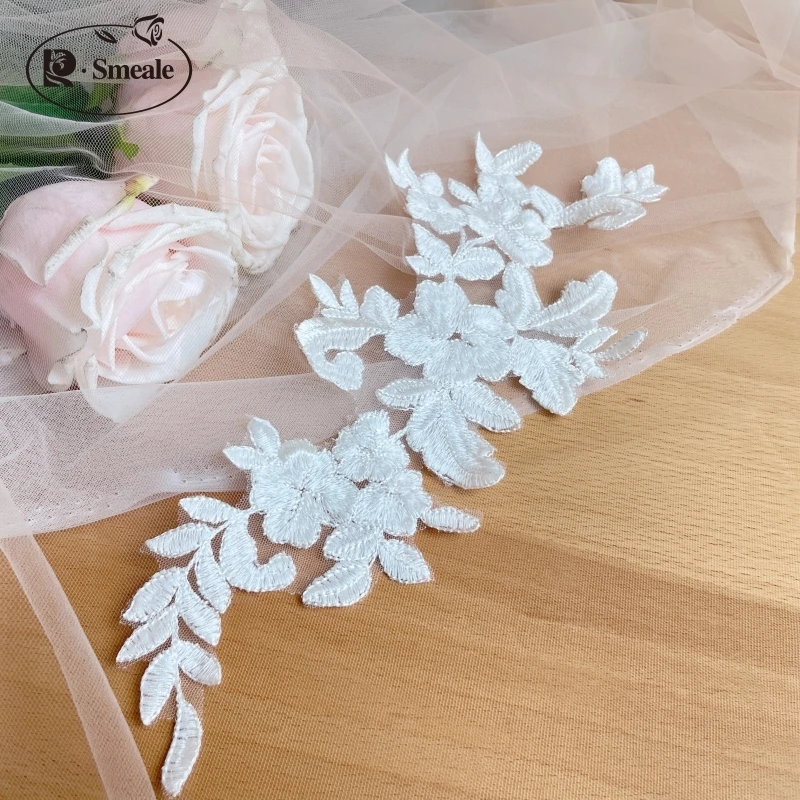 Sequined Lace Patch for Wedding Dress Accessories, Bleached White, Luxury, High-end, 35*14, Starting from 2 Pairs, New, DIY2023