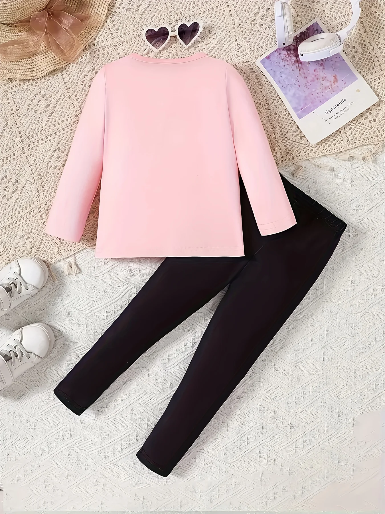 Pink-Black Sweet Cool Girl Set - Bow Print Long-Sleeve & Leopard Rip Pants Girls’ Trendy Daily Outfit