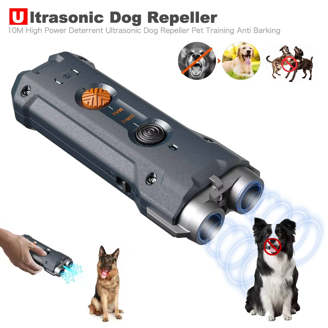 

2 in 1 Portable Training & Anti Barking Deterrent Ultrasonic Dog Repeller W/ Flashlight Rechargeable Puppy Training Accessories