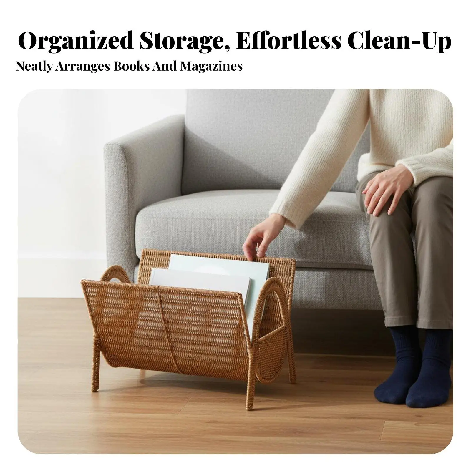 Floor Standing Magazine Rack Handwoven Woven Magazine Rack Decorative Imitation Rattan Book Stand for Living Room, Bedroom,