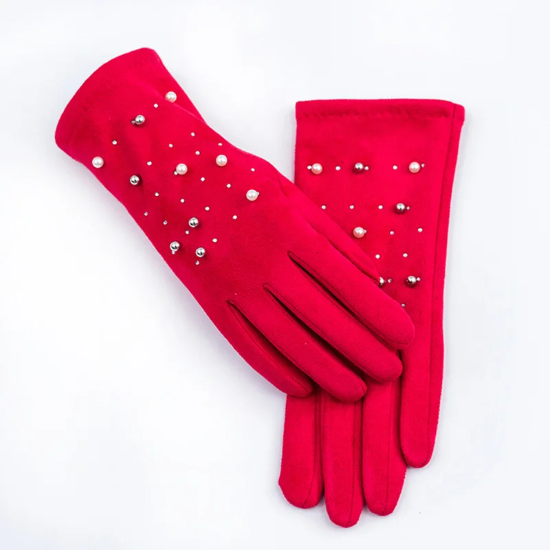 Women Winter Suede Leather Thick Plush Warm Driving Mitten Pearl Hot Drill Embroidered Flowers Touch Screen Cycling Glove O100