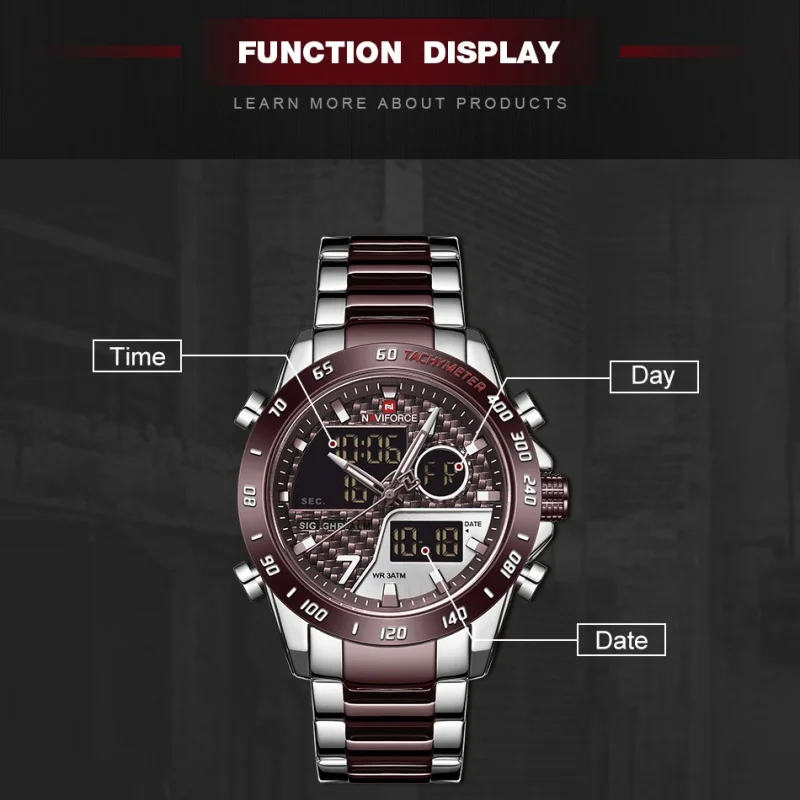NAVIFORCE Men‘s New Analog Digital Watch 3ATM Waterproof Luminous Date Week Stainless Steel Sport Outdoor Wristwatch Gifts Box - view 4