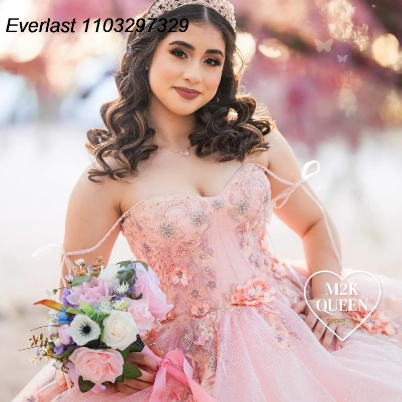 EVLAST Princess Pink Quinceanera Dress Ball Gown 3D Flowers Lace Applique Beaded Mexican Sweet 16 Vestidos De 15 Anos TQD768