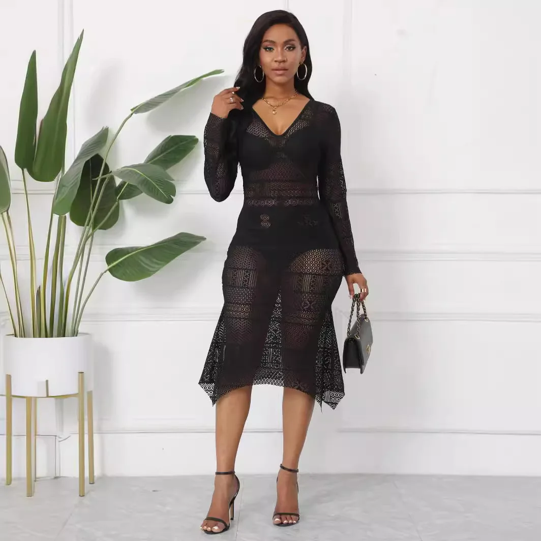 

Women Sexy See Through Black Dress New Arrivals Fashion Long Sleeve Fall Dress Beach Dress