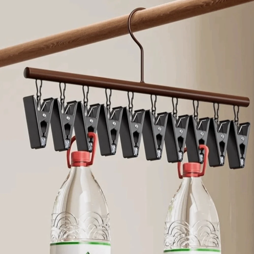 

10 Clips Clothes Drying Hanger Wooden Metal Clip Wooden Storage Rack Windproof Non-slip Storage Organiser Wardrobe Storage