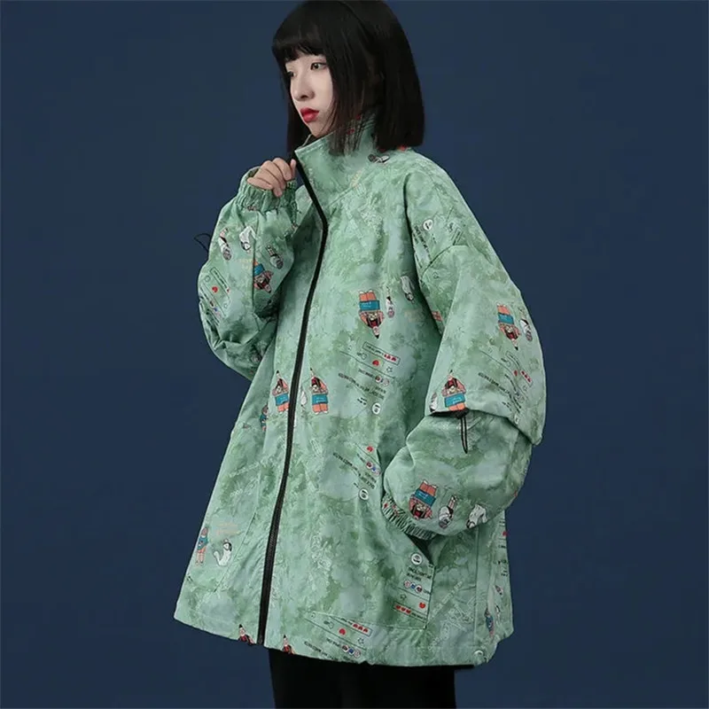 

Women's Jacket Spring and Autumn Pop Thin Print Stand-up Collar Long-Sleeved Zipper Drawstring Coat Loose Commuter 45-75KG ZM682