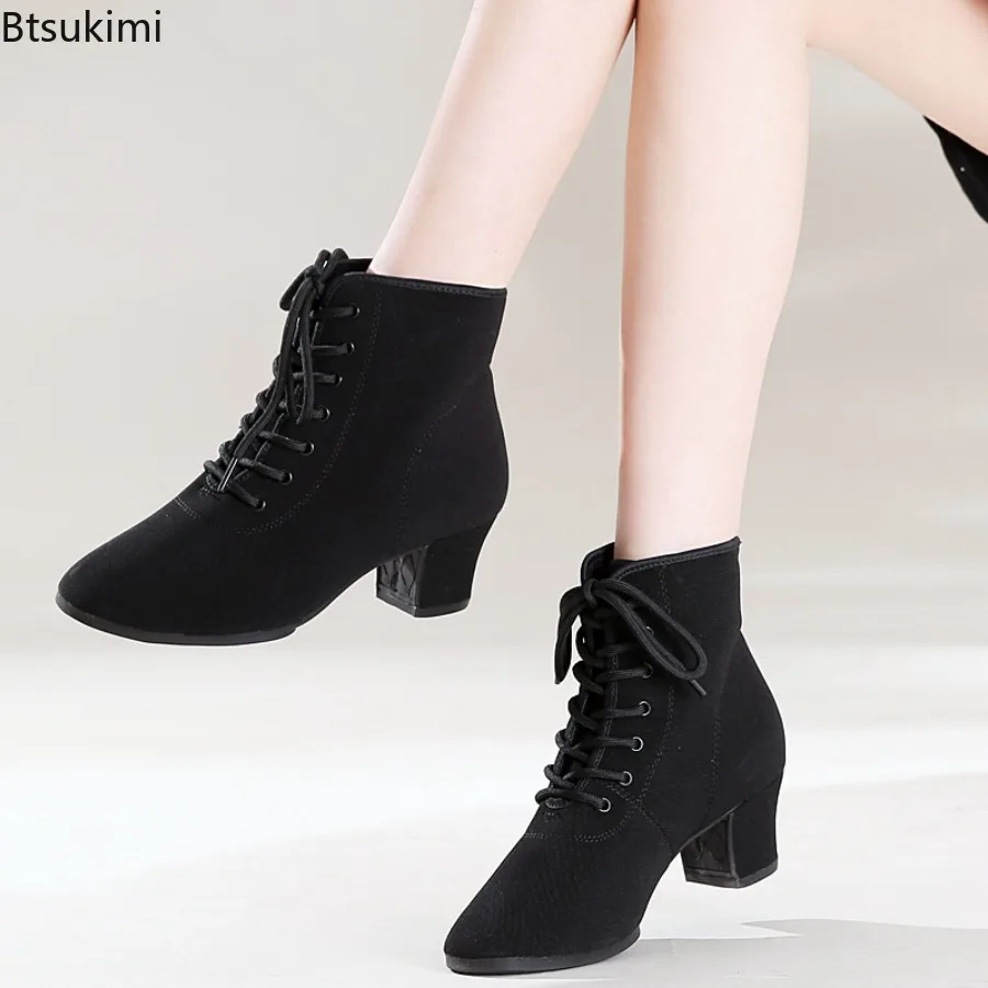 Nuevas Botas de Baile Latino para Mujer, Tacón Bajo, Punta Cerrada, para Salón de Baile, Tango, Práctica, Enseñanza, Color Negro, para Principiantes